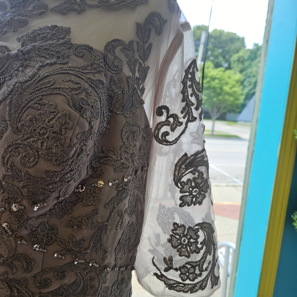 Embellished Taupe Long Sleeve Evening Gown - Picture 4 of 8
